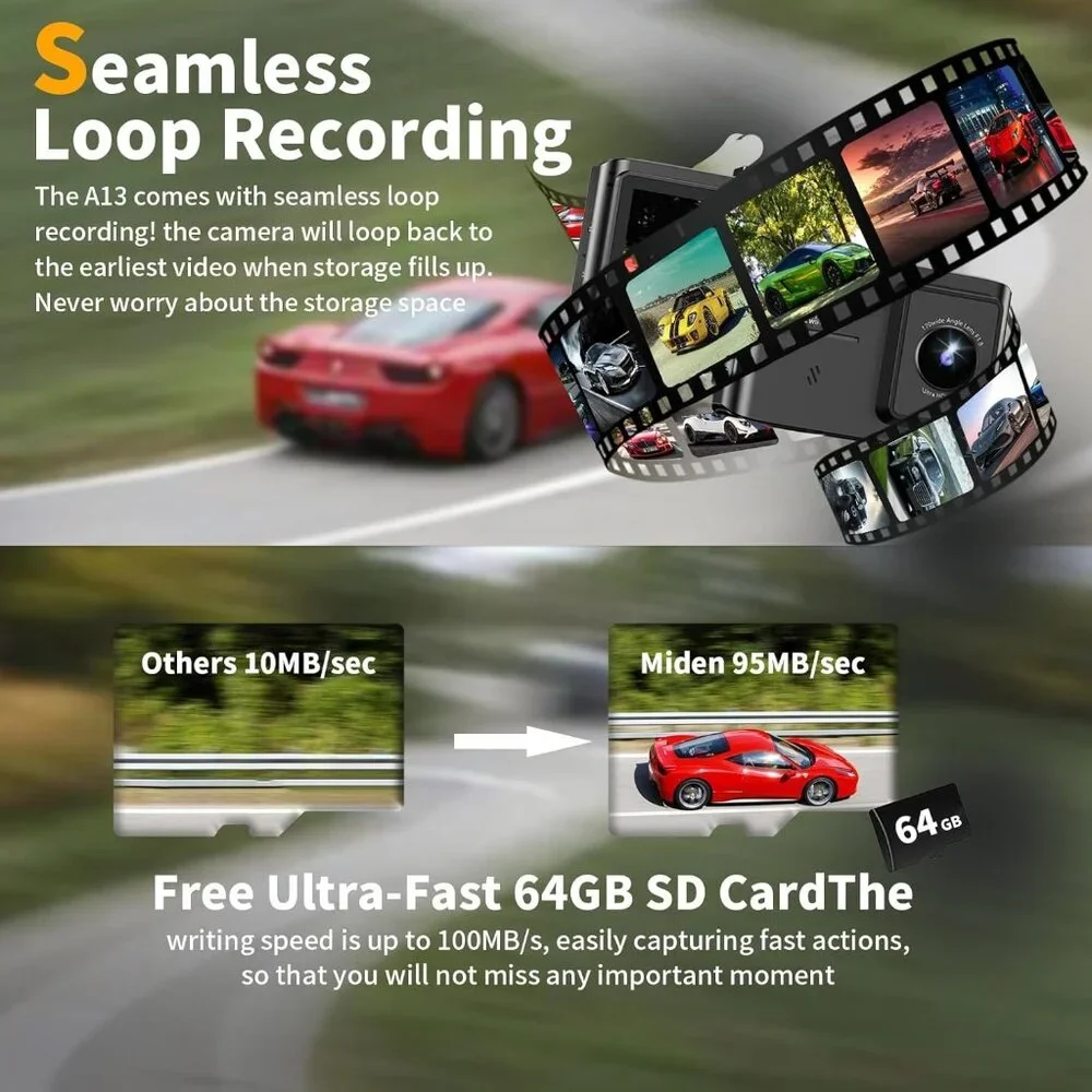 Dash Cam Front and Rear 4K Dual Channel with 64GB Card Wide Angle Night Vision